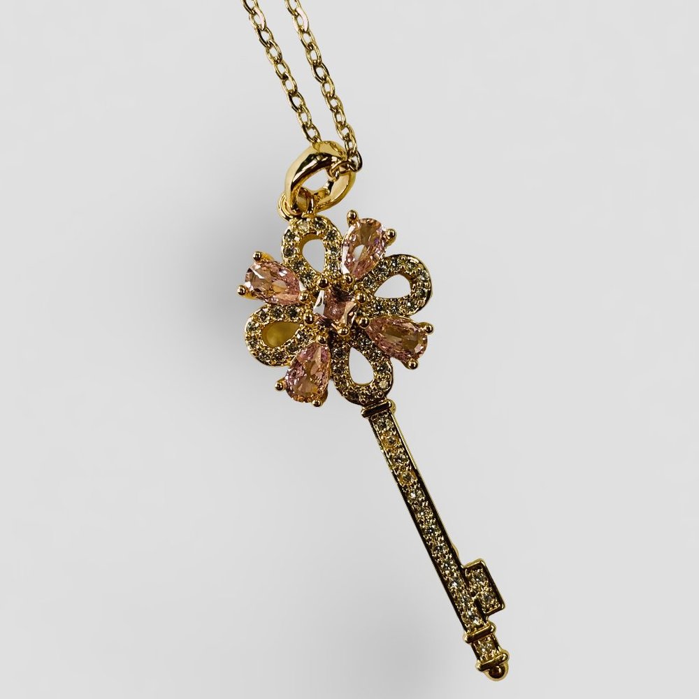 Gold 2 ct Zircon and Rose Quartz Pendant Necklace - Picture 1 of 17